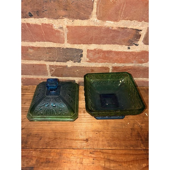 Jeannette Blue Green Glass Footed Candy Dish Grape Leaf - Picture 3 of 9